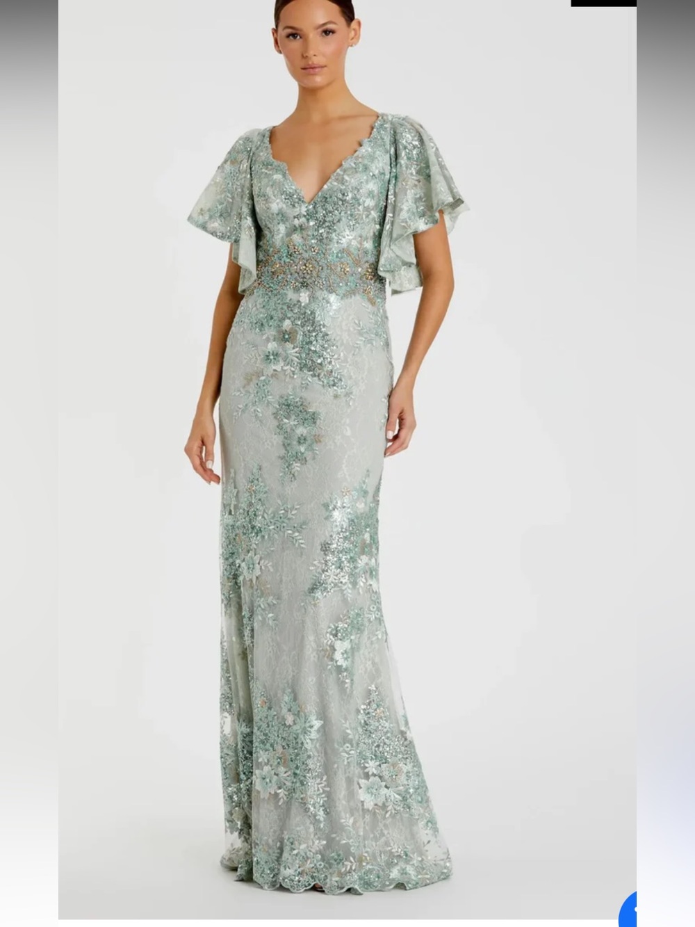 NWT Mac Duggal Embellished Beaded 67842 Floral Flutter Sleeve Seafoam Gown 12